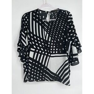 Ellen‎ Weaver Blouse Top Black White Geometric Ruffle Sleeve Plus Size 2X